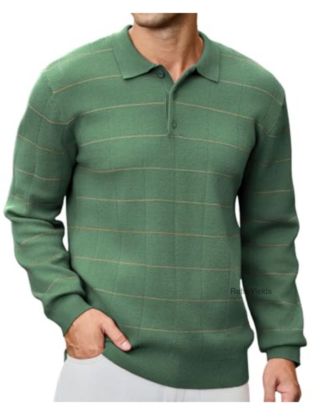 Long Sleeve Plaid Knit Polo Sweater with Pocket